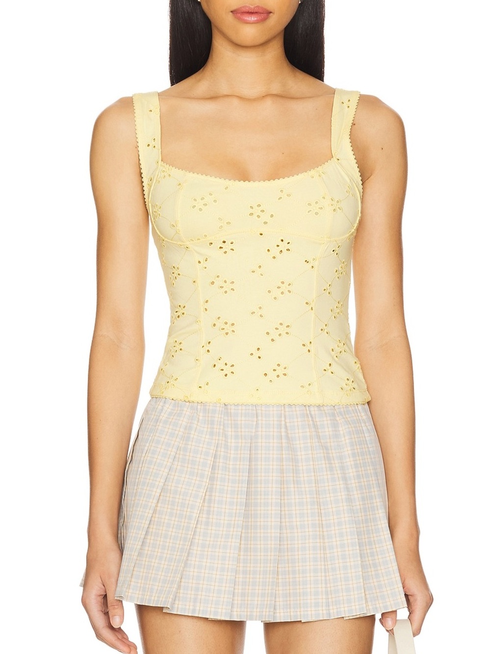 NEW FREE PEOPLE Full Bloom Eyelet Cami in Banana Cream Eyelet Square-Neck Tank